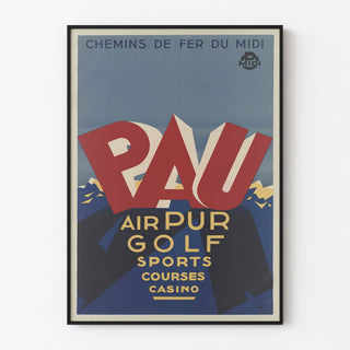 Vintage-plakat Pau, golf og sport, vist i en tynd ramme på en lys væg.