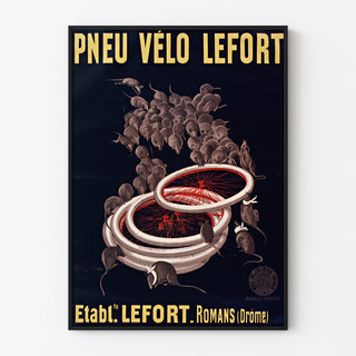 Vintage plakat Pneus vélo Lefort, vist i en slank ramme på en lys væg.
