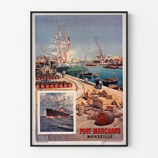 Vintageplakat Port marchand. Marseille, vist i en tynd ramme på en lys væg.