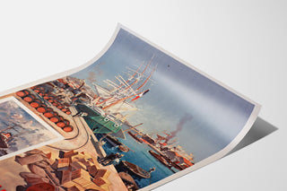 Vintageplakat Port marchand. Marseille, vist på et buet ark i perspektiv.