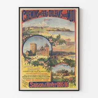 Vintage plakat Pyrénées et Gascogne, vintersæson, præsenteret i en tynd ramme på en lys væg.