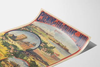Vintage-plakat Pyrénées og Gascogne, vintersæson, vist på et buet ark set i perspektiv.