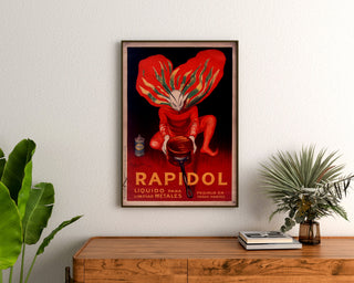 Vintage plakat Rapidol, indrammet over en trækommode mellem planter.