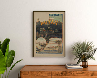 Vintage plakat Royan, Grand Casino municipal, indrammet over en trækommode mellem planter.