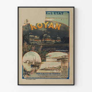 Vintage plakat Royan, Grand Casino municipal, vist i en tynd ramme på en lys væg.