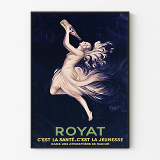 Vintage-plakat Royat, santé og ungdom, vist i en tynd ramme på en lys væg.