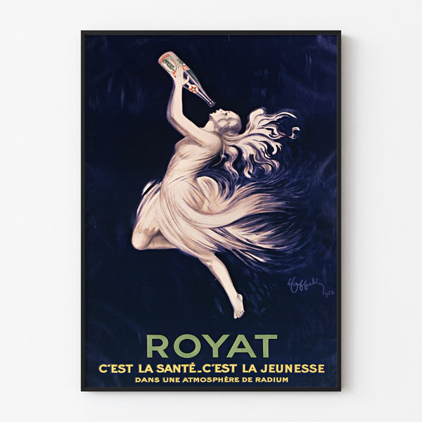 Vintage-plakat Royat, santé og ungdom, vist i en tynd ramme på en lys væg.