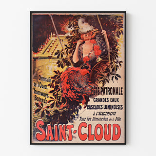 Vintage plakat Saint-Cloud, byfest, indrammet i en tynd ramme på en lys væg.