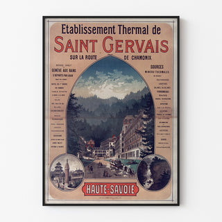 Vintageplakat Saint-Gervais, kursted, vist i en tynd ramme på en lys væg.