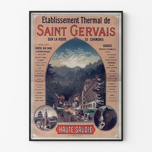 Vintageplakat Saint-Gervais, kursted, vist i en tynd ramme på en lys væg.