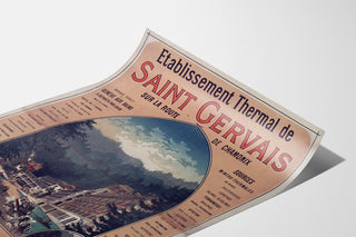 Vintageplakat Saint-Gervais, kursted, vist på et bøjet ark, perspektivisk visning.