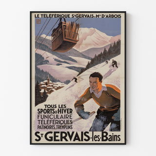 Vintageplakat Saint-Gervais, Mont-d’Arbois, vist i en tynd ramme på en lys væg.