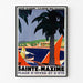 Vintage plakat Sainte-Maxime, côte des Maures, vist i en smal ramme på en lys væg.