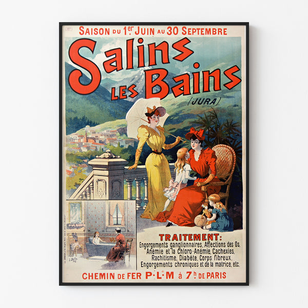 Vintageplakat Salins les Bains (Jura), vist i en tynd ramme på en lys væg.