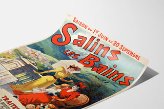 Vintage plakat Salins les Bains (Jura), vist på et buet ark set i perspektiv.