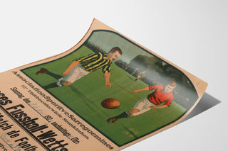 Vintage plakat Sarreguemines, fodboldkamp, vist på et bøjet ark i perspektiv.