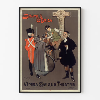 Vintageplakat Shamus O’Brien, Opera Comique, vist i en tynd ramme på en lys væg.