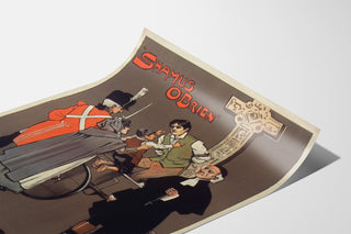 Vintageplakat Shamus O’Brien, Opera Comique, vist på et buet ark set i perspektiv.