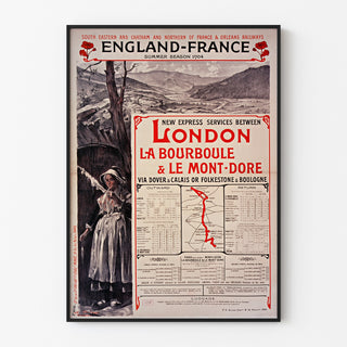 Vintage plakat South Eastern, England-France, præsenteret i en tynd ramme på en lys væg.