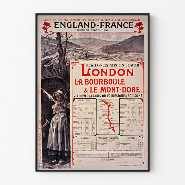 Vintage plakat South Eastern, England-France, præsenteret i en tynd ramme på en lys væg.