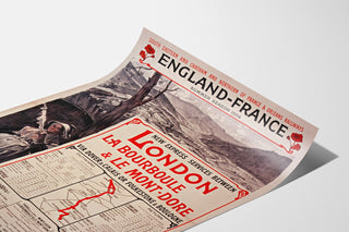 Vintage plakat South Eastern, England-France, præsenteret på et buet ark set i perspektiv.