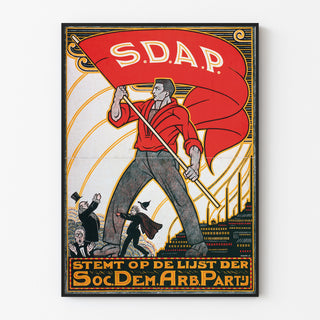 Vintage plakat Stemt SDAP, valg, vist i en tynd ramme på en lys væg.