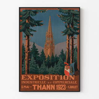 Vintage-plakat Thann, industriel udstilling, vist i en tynd ramme på en lys væg.