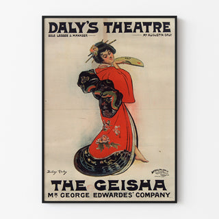 Vintageplakat The Geisha, Daly’s Theatre, vist i en tynd ramme på en lys væg.