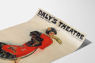 Vintageplakat The Geisha, Daly’s Theatre, vist på et buet ark set i perspektiv.