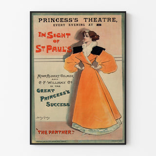 Vintageplakat The Panther, Princess’s Theatre, vist i en tynd ramme på en lys væg.