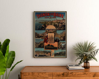 Vintageplakat Thonon-les-Bains, indrammet over en kommode i træ mellem planter.