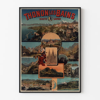 Vintageplakat Thonon-les-Bains, vist i en tynd ramme på en lys væg.