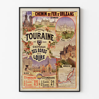 Vintage plakat Touraine, Loire-slottene, vist i en tynd ramme på en lys væg.