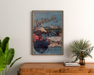 Vintageplakat Touraine et Berry, slotte, indrammet over en kommode i træ mellem planter.