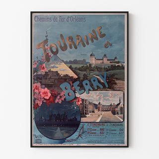 Vintage plakat Touraine og Berry, slotte, vist i en tynd ramme på en lys væg.