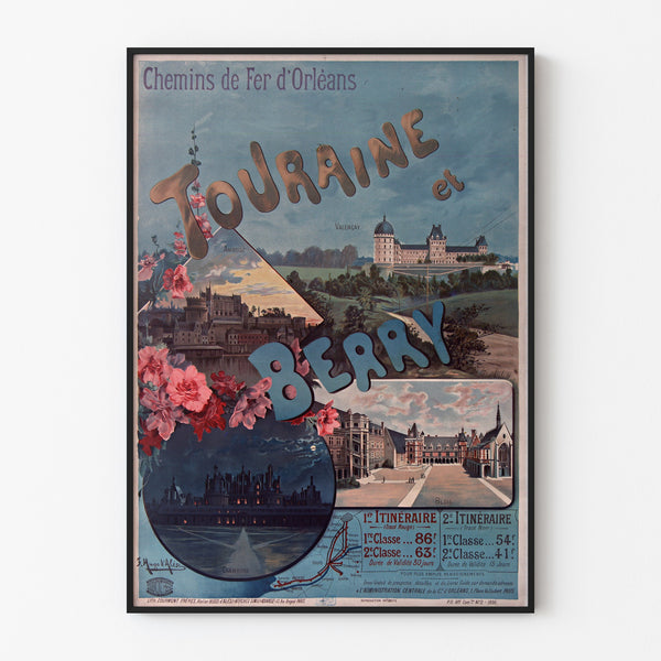 Vintage plakat Touraine og Berry, slotte, vist i en tynd ramme på en lys væg.