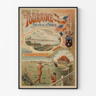 Vintage plakat Touraine, Frankrigs have, vist i en tynd ramme på en lys væg.