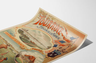 Vintage plakat Touraine, Frankrigs have, vist på et buet ark set i perspektiv.