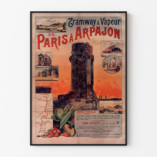 Vintage plakat Tramway Paris-Arpajon, indrammet i en tynd ramme på en lys væg.
