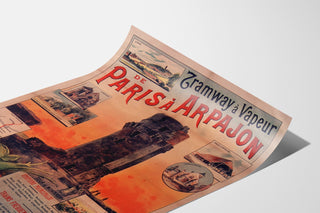 Vintage plakat Tramway Paris-Arpajon, vist på et bøjet ark, perspektivvisning.