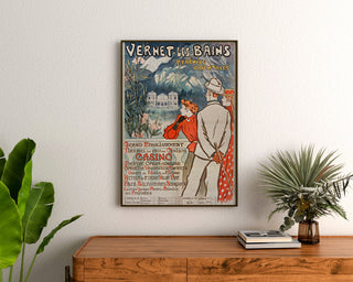 Vintage-plakat Vernet-les-Bains, Canigou, indrammet over en trækommode mellem planter.