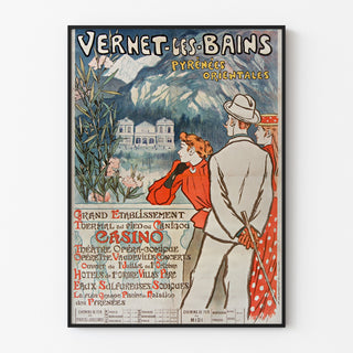 Vintage-plakat Vernet-les-Bains, Canigou, vist i en tynd ramme på en lys væg.
