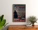 Vintage plakat Vincennes, jernbanejubileum, indrammet over en kommode i træ, flankeret af planter.