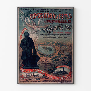 Vintage plakat Vincennes, jernbanejubileum, indrammet i en tynd ramme på en lys væg.