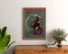 Vintageplakat Woman and Wine, Princess’s Theatre, indrammet over en trækommode mellem planter.