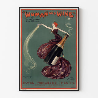 Vintageplakat Woman and Wine, Princess’s Theatre, vist i en tynd ramme på en lys væg.