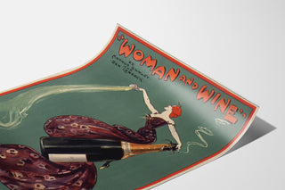 Vintageplakat Woman and Wine, Princess’s Theatre, vist på et buet ark set i perspektiv.