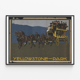 Plakat Yellowstone-nationalpark, vist i en tynd ramme på en lys væg.
