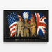 Vintage plakat med amerikanske, kinesiske og britiske soldater med flag — indrammet kunstværk på væggen