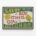 Vintage plakat 'Boy Meets Girl' Savoy Theatre 1936 — indrammet kunstværk på væggen